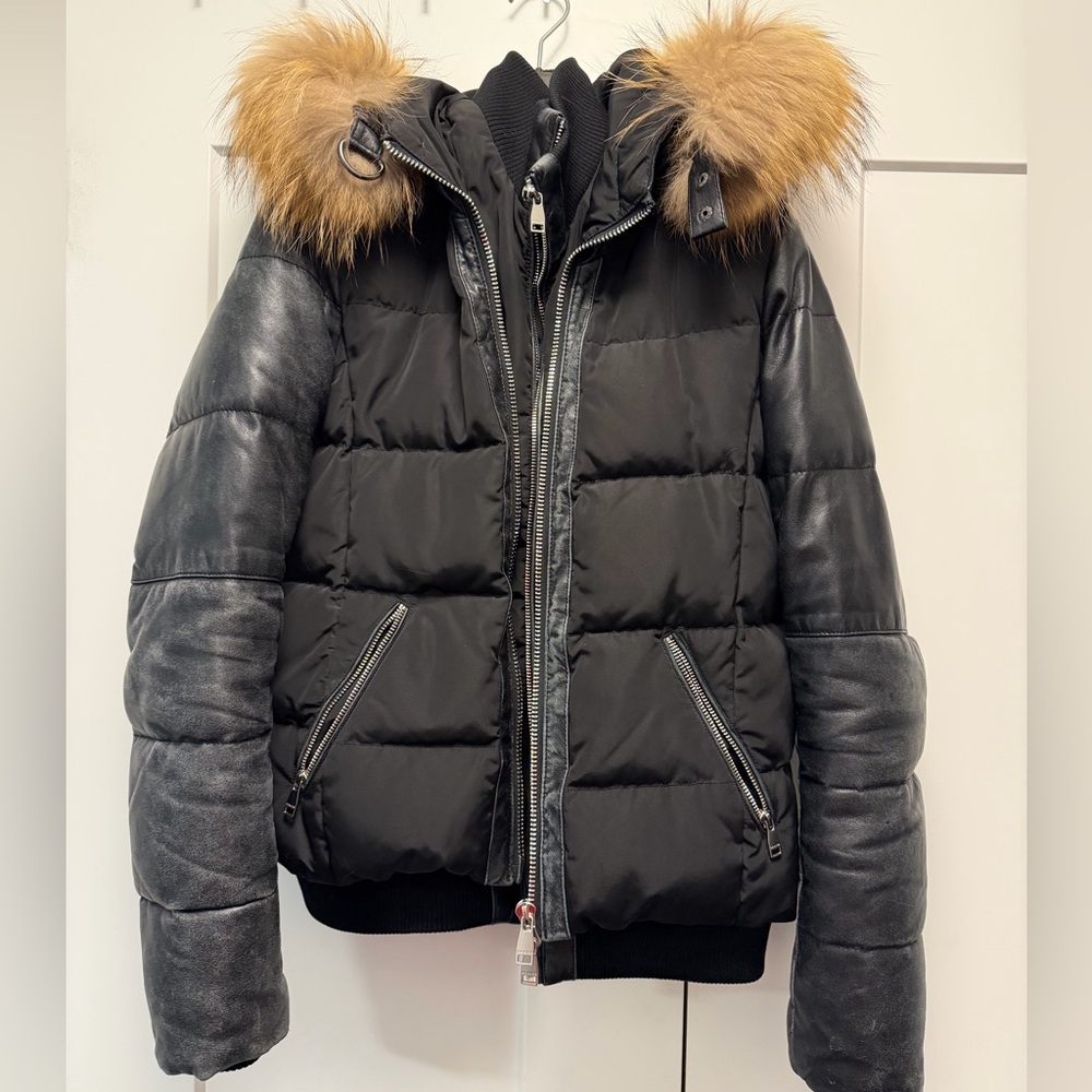 Danier Black Jacket with Silver Accents and real fur